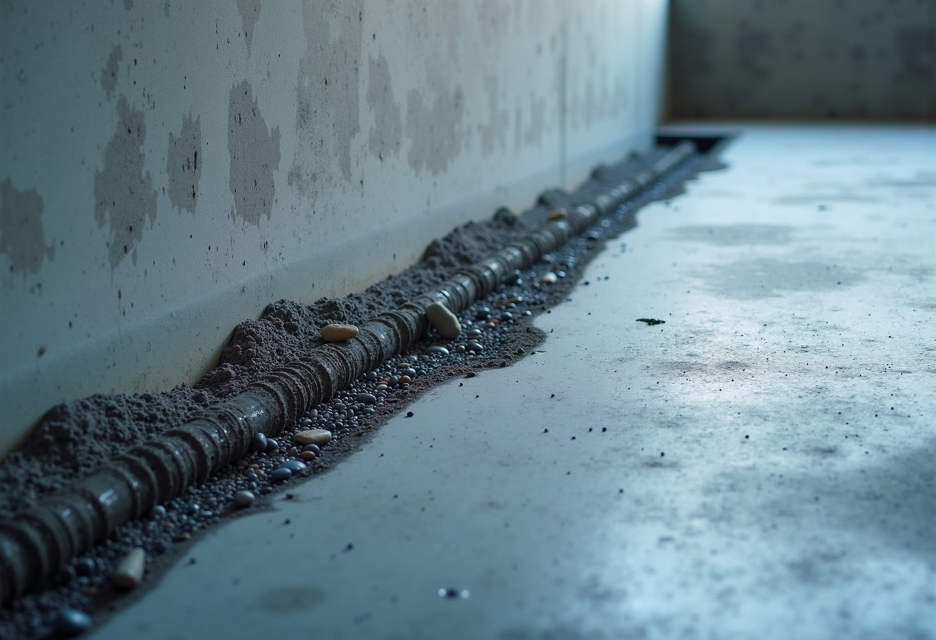 Interior drain trench cut and piped