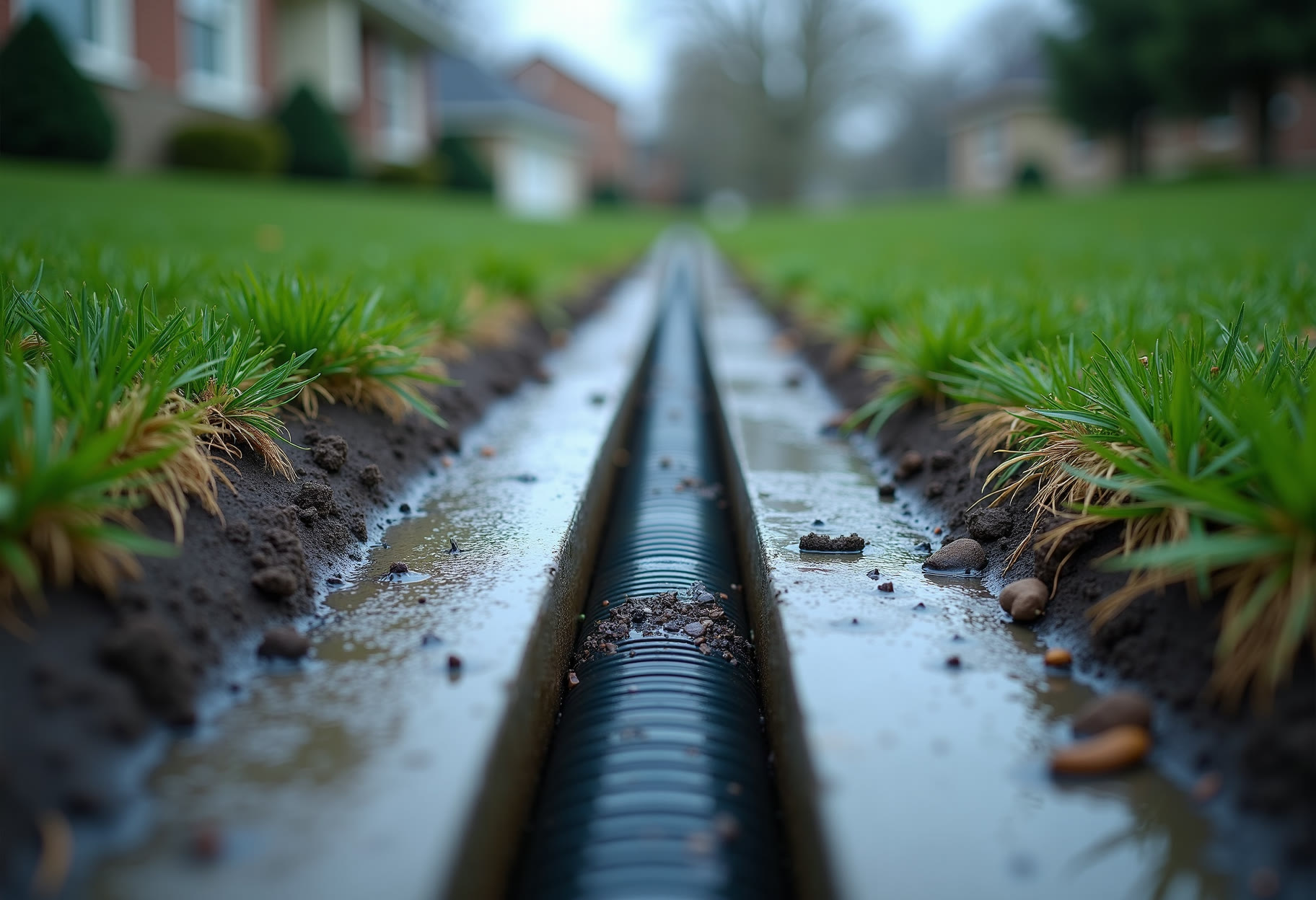 Yard trench with clean gravel